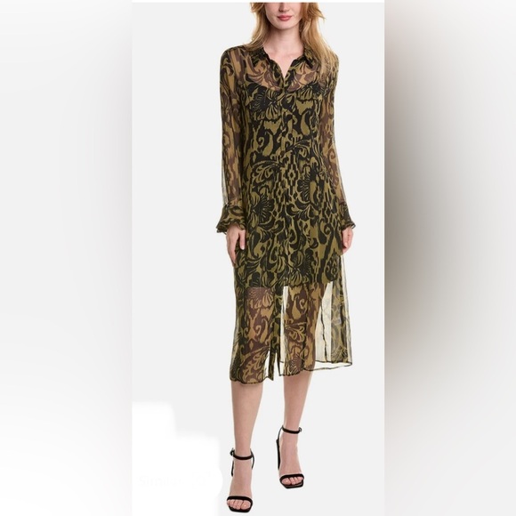 1.STATE olive black multi sheer poet sleeves Chiffon Shirtdress size XS new - Picture 3 of 5